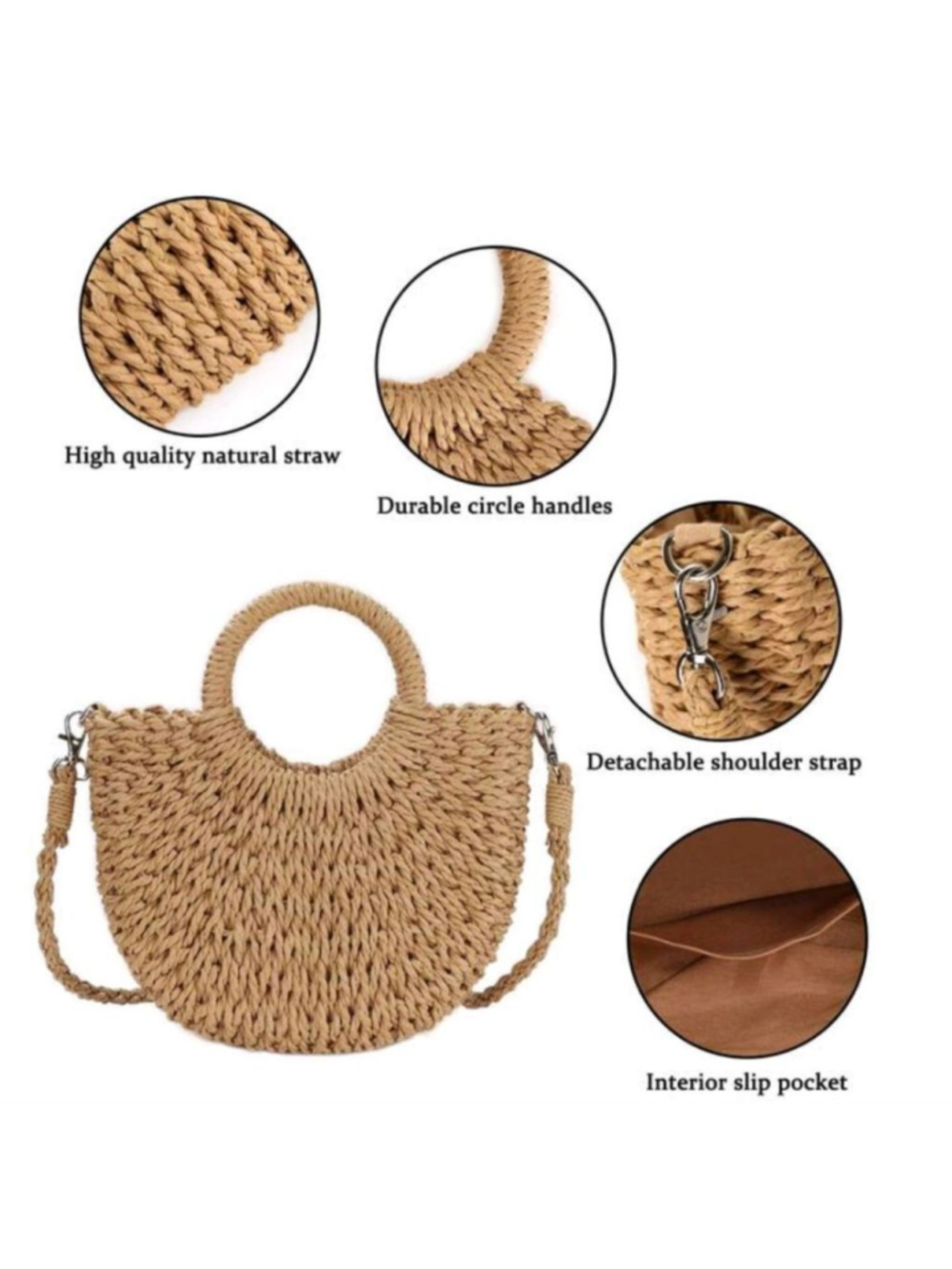 Tan Purse Straw Tote Bag Vacay Tote Shoulder Bag Light Brown Rattan Beach Purse - Picture 12 of 13